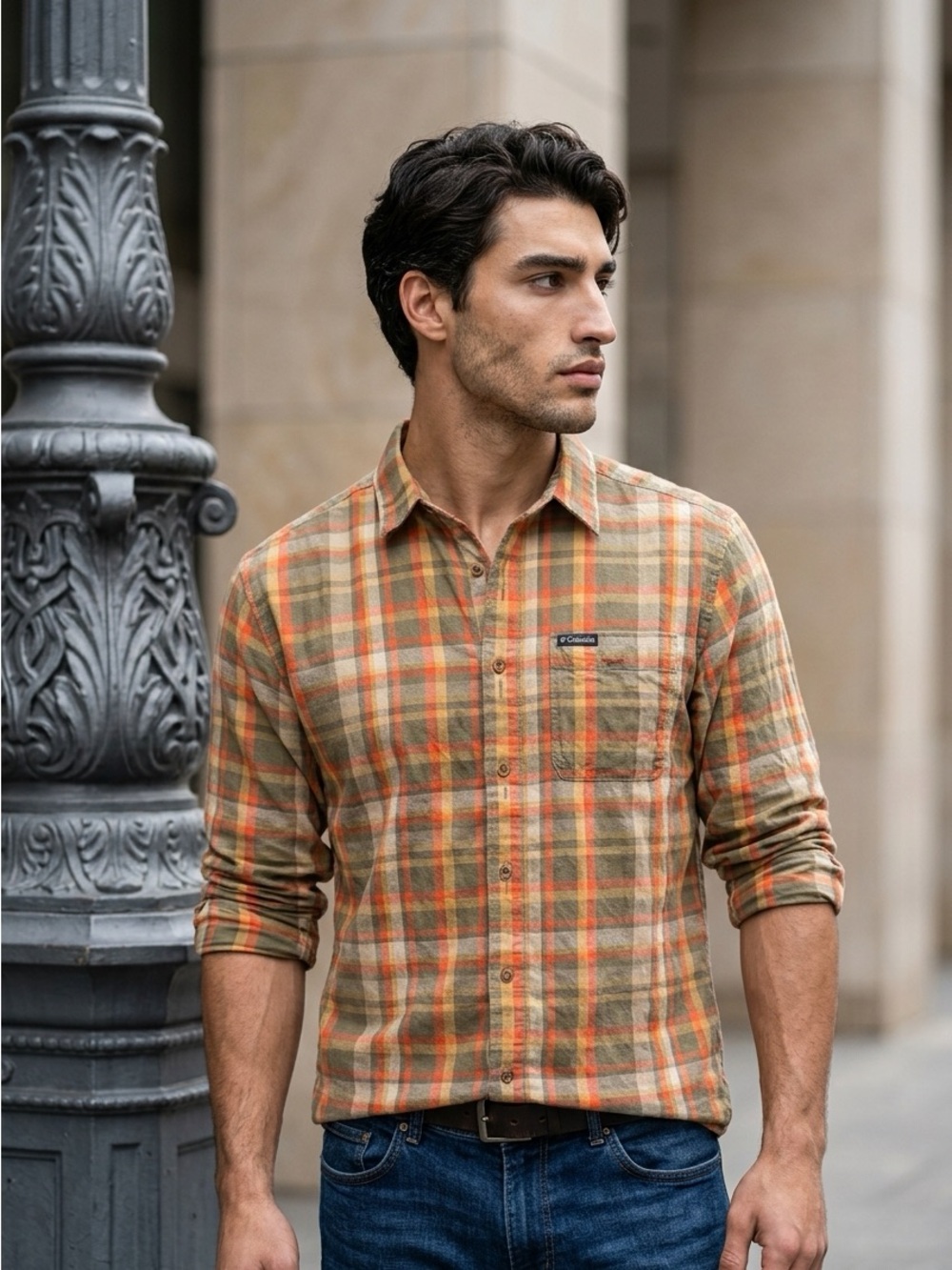 Columbia Men's Orange & Tan Plaid Button-Down Shirt